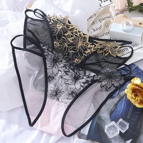Sexy Women Lace Panties Underwear Transparent Flower Embroidery Belt Briefs Low Rise Female Breathable Lingerie