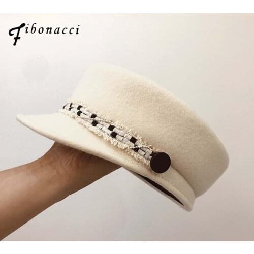 Fibonacci 2019 New Fashion Personalized Wool Felt Military Cap Equestrian Belt Women Flat Army Hats