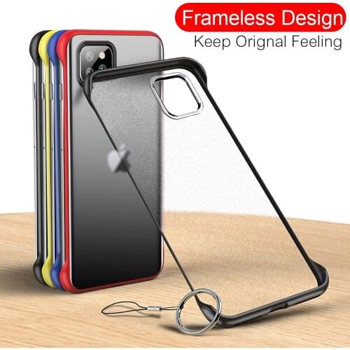 Slim Frameless Phone Case For iPhone 11 Pro X XS Max 7 8 6 6S Plus XR Translucent Matte Cases Back Cover With Metal Ring Lanyard