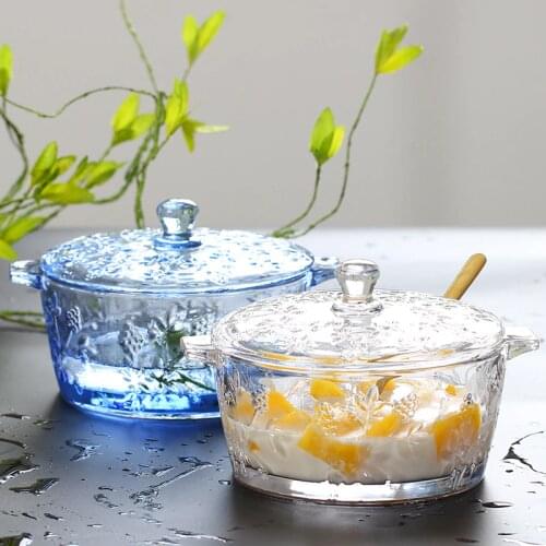 Vintage Reliefs Carved Soup Basins With Basin Cover 700ml Colored Glass Soup Dish Fish Soup Pot Soup Glass Tableware