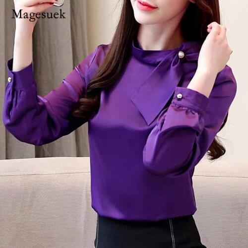 2020 Spring Fashion Women Long Sleeve Blouses Office Lady Chiffon Bow Women Solid Stand-up Collar Shirts Plus Size Shirt 2223
