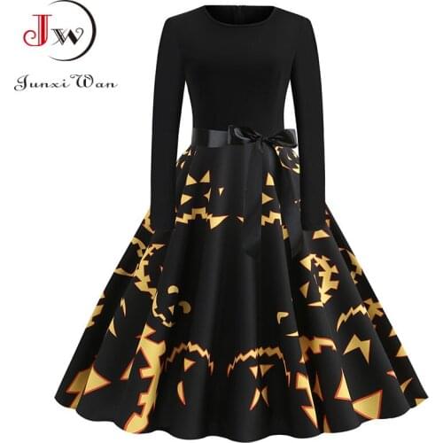 Women Pumpkin Print Party Dress Black Long Sleeve O Neck Vintage Casual Plus Size Halloween Sundress Robe