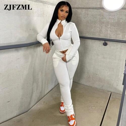 White Simple Casual Two Piece Set Women Autumn Sexy Zipper Cleavage Long Sleeve Crop Top+stacked Bodycon Trouser Sporty Suits