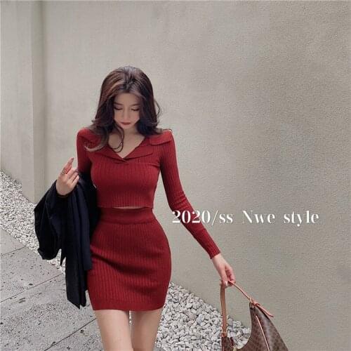 Knitting Suit Female Autumn Spring Long Sleeve Sweater Shirt Skirt Suit Fashion Long Sleeve V-neck Sexy Women Dress Elegant