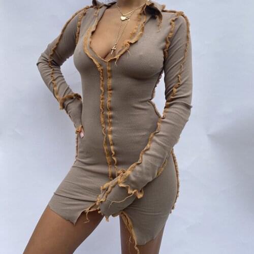 Diseyar Womens Bodycon Dress V-Neck Patchwork Autumn Winter Long Sleeve Knitted Mini Split Dresses Sexy Party Club Streetwear