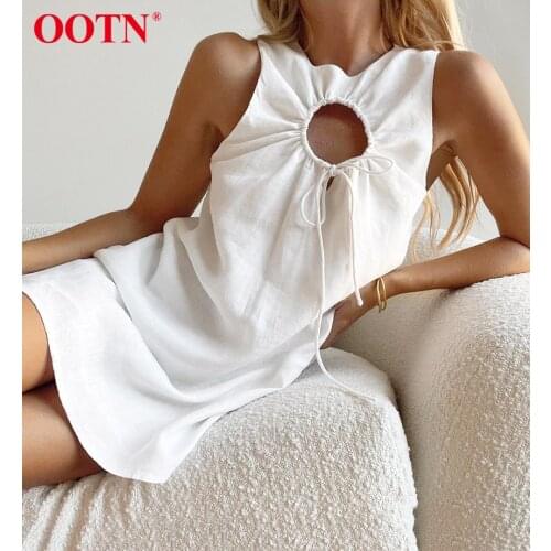OOTN Chic O-Neck Hollow Out Sleeveless Women Dress Lace Up A-Line Mini Summer Dresses Loose Zipper Cotton Casual Tank Dress