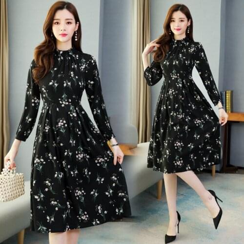 Plus Size Boho Dresses Spring Autumn Black Vintage Floral Chiffon Midi Dress 2021 Elegant Women Party Long Sleeve Dress Vestidos