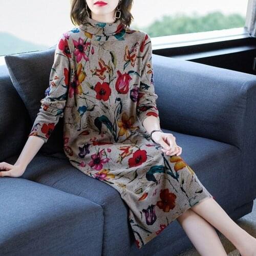 Split Turtleneck Autumn Winter sweater Dress Women Wool Knitted Dresses Long Sleeve Ladies Clothes Floral Print Casual Vestidos