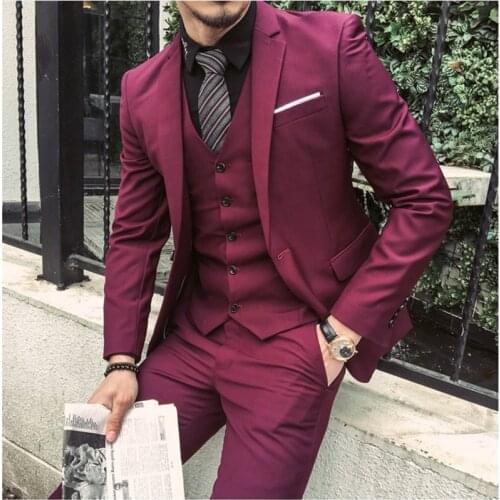 2019 Tailored Burgundy Purple Suit Men Groom Slim Fit 3 Piece Tuxedo Prom Wedding Suits Blazer Terno Masuclino Jacket+Pant+Vest