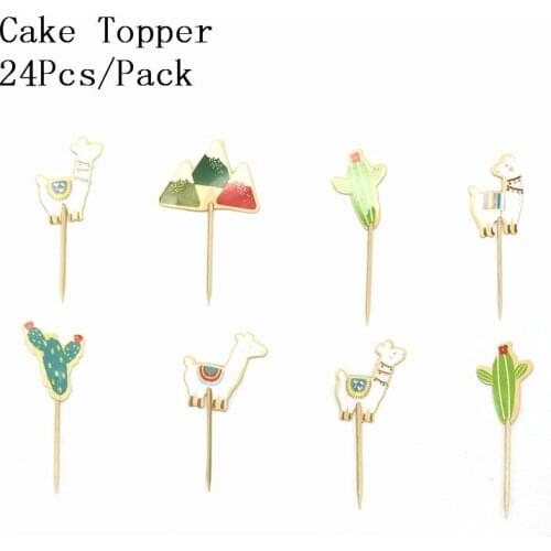 24pcs Alpaca Cactus Cake Toppers Llama Party Decorations Cartoon Cute Alpaca Birthday Party Decoration Supplies Cupcake Toppers