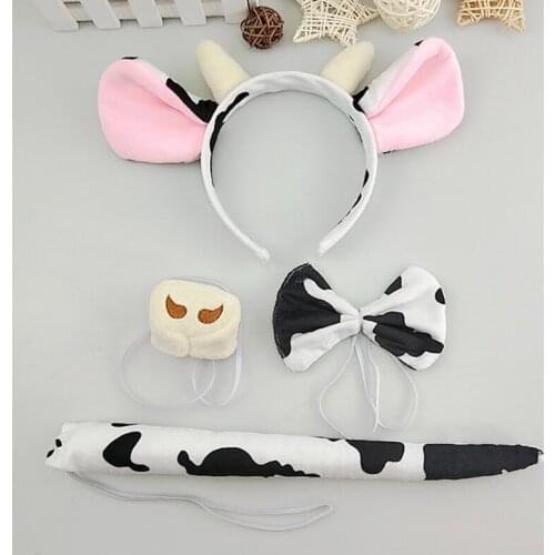 Kids 4Pcs Cartoon Animal Cosplay Costume Cow Horn Ears Headband Tail Bowtie Nose 449F