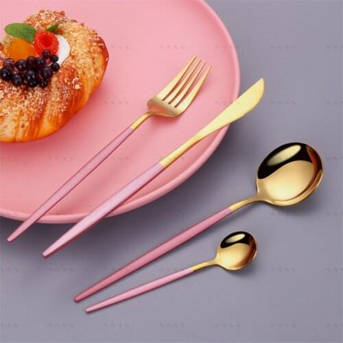4 Pieces Gold Cutlery Set Stainless Steel Tableware Home Knife Fork Tea Spoon Utensils Party Flatware Pink Golden Dinnerware Set