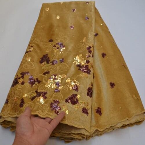 5yards/pc) High quality gold African soft velvet lace fabric with delicate sequins embroidery for party dress VLP007