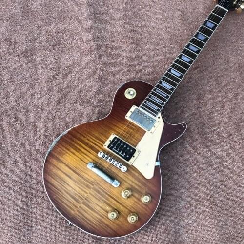 One piece Neck one piece body electric guitar in sunburst ,Upgrade Tune-o-Matic bridge guitar Tiger Flame guitar Smoke colour