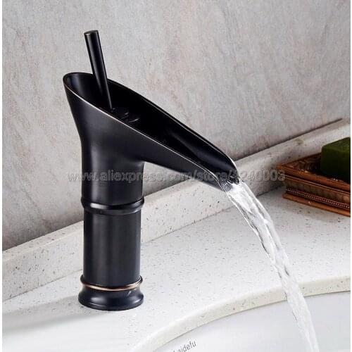 Black Oil Rubbed Brass Waterfall Spout Single Handle Bathroom Sink Vessel Faucet Basin Mixer Tap Knf091