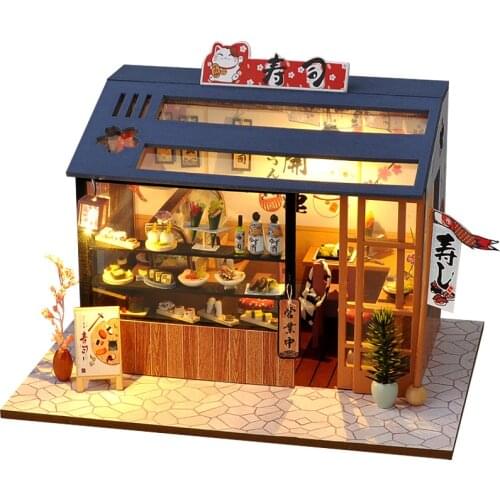 DIY Wooden Dollhouse Assembled Sushi Dessert Shop Miniature with Furniture Doll House Casa Toys for Children Adult Gifts
