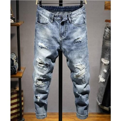 Mens Summer Thin Korean Version Jeans Trend Slim Body Tight Foot Holes Street Style Casual Light Color White Grinding Trousers