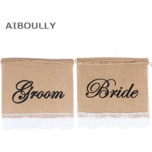 Jute Hessian Chair Sign Chair Banner Set Mark Sign Groom Bride Burlap Lace Banner Garland Rustic Wedding Decor Photography Props
