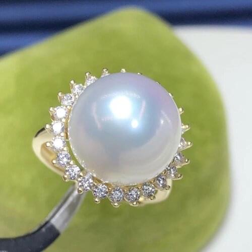 D316 Fine Jewelry 925 Sterling Silver 13-12mm Natural Fresh Water White Pearls Rings for Women Fine Pearls Rings