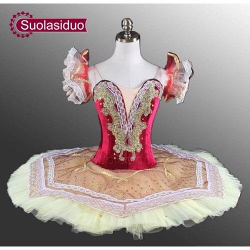 Red Velvet Top Professional Tutu Nude Pink Pancake Tutu Sleeping Beauty Ballet Tutu Ballet Stage Costumes For Girls SD0006