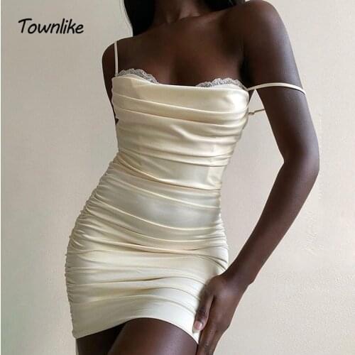 Townlike Lace Side Drawstring Bandage Dress Elastic Sling Short Slim Mini Summer Dress 2021 Double Layer Sexy Party Dresses