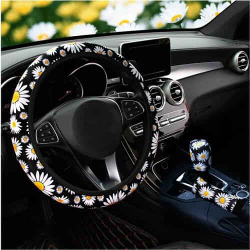 Cute Daisy Flower Car Interior Decoration Knitted Steering Wheel Cover Universal Handbrak Cover Wheel Cover Without Inner Ring