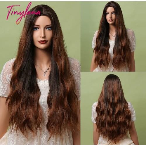 TINY LANA Ombre Black Brown Synthetic Wig Middle Part Long Body Wavy Wig For Black Women Cosplay Daily Use Heat Resistant Fiber