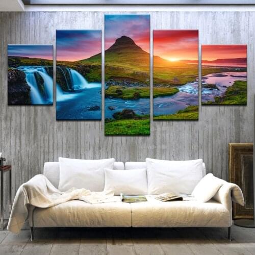 Modular Pictures Wall Art Canvas Painting Prints 5 Pieces River Waterfall Trees Sunset Landscape Poster Room Home Decor Frame