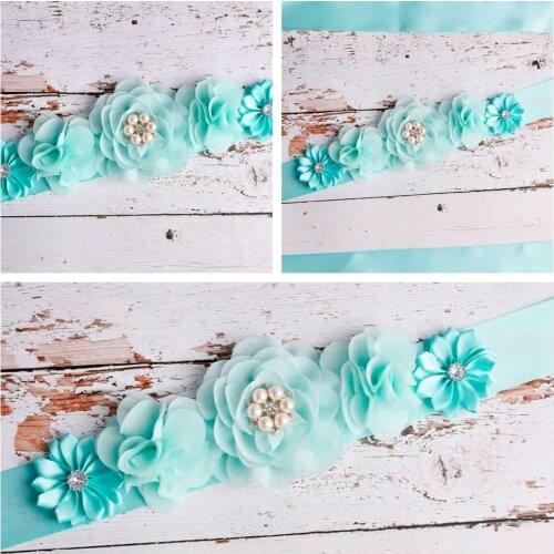 Solid Color Handmade Flower Maternity Sash Shining Pearls Rhinestone Floral Belt Holiday or Anniversary Gifts Dress Ornaments