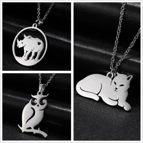Skyrim Cat Owl Rhinoceros Round Animal Pendant Necklace Stainless Steel Adjustable Choker Chain Necklaces Jewelry Gift for Women