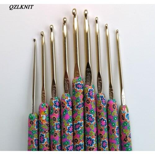QZLKNIT 9pcs clay Ceramic Crochet suit Hand held clay ceramic Handle Aluminum Hook For Yarn Weave Craft Knitting Needles