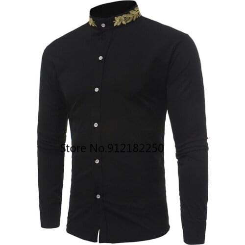 Black Embroidery Shirt Men Camisa Masculina 2021 Brand Slim Long Sleeve Mandarin Collar Shirt Mens Business Casual Dress Shirts