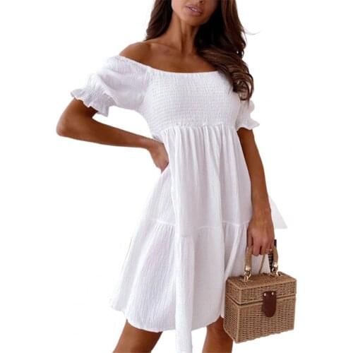 Summer Sundress Stylish Mini Dress Off Shoulder Low Cut Ruffle Women Elastic Solid Color Short Sleeve Dress платье for Dating