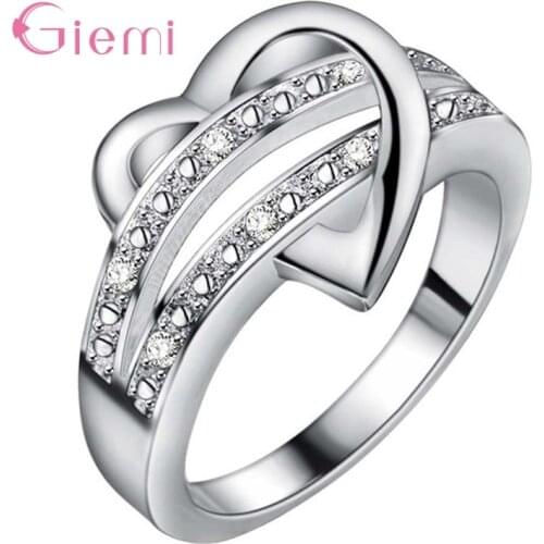 Heart Shape Double Rows Design Genuine 925 Sterling Silver Rings For Women Elegant Female Finger Ring Silver 925 Fine Jewelry