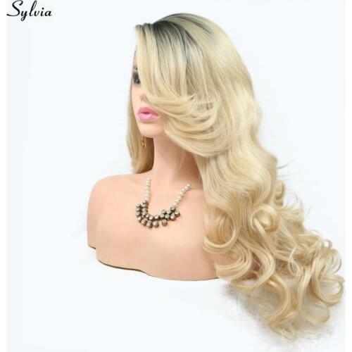 Sylvia High Temperature Fiber New Blonde Wavy Wig Dark Roots to Gold Color Long Synthetic Lace Front Wigs for Girls Women Ladies