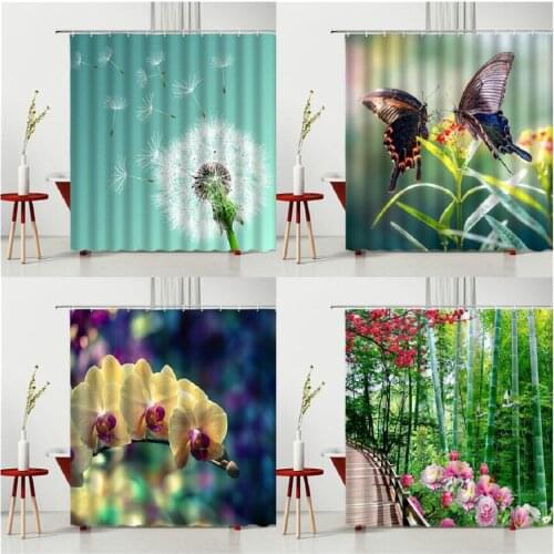 Flower Butterfly Spring Shower Curtain Dandelion Bamboo Bedroom Curtain Bathroom Decoration Waterproof Polyester Fabric