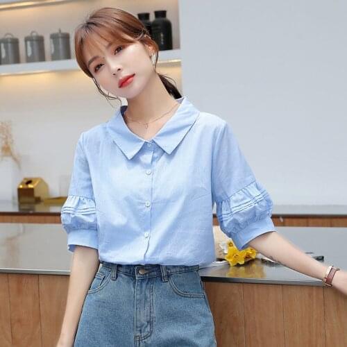 Women Cotton Solid Color Shirt Korean Fashion Female OL Blouses Loose Plus Size Shirt Women Short Puff Sleeve Blouses Tops L285