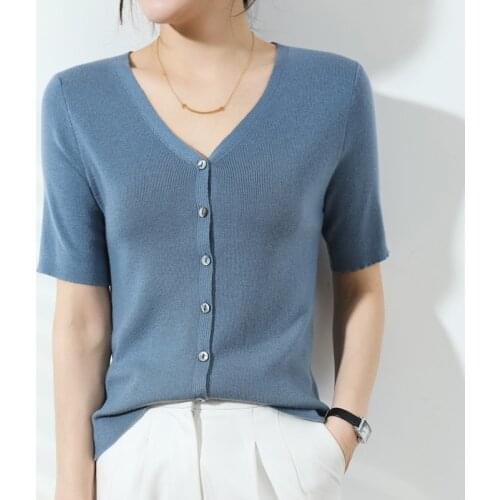 New Spring Autumn Womens Cashmere Wool Blend Sweater V-Neck Knitted Soft Half Sleeve Cardigan Solid Color Shirt Slim Sweater