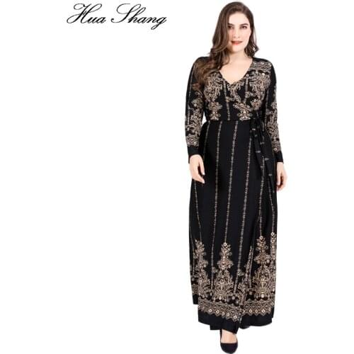 Retro Golden Floral Print Vintage Dress Winter Women V Neck Long Sleeve High Waist Wrap Dress Plus Size Maxi Long Party Dresses