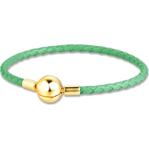 100% 925 Sterling Silver Shine Round Clasp Green Purple Ocean Blue Braided Charm Leather Bracelets for Women Fashion Jewellery
