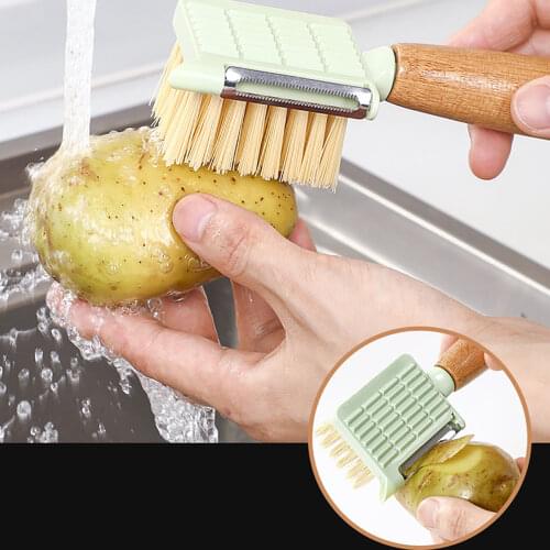 2 In 1 Vegetables Fruit Peeler With Wooden Handle Multifunction Vegetables Fruits Cleaning Brushes Tools