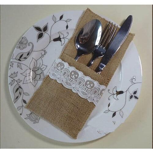 2015 new bear picture lace natural hessian Hessian Jute Cutlery Pocket Knife and Fork bags for party hotel supplies 50pcs/lot