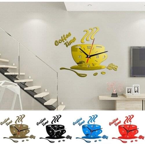 3D Creative Acrylic DIY Mirror Wall Clock Simple Home Digital Wall Sticker Decoration Mute Coffee Cup Wall Sticker Quartz Clock