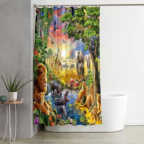 3D Zoo Cartoon Forest Animals Shower Curtain Bath Curtains Bathroom For Bathtub Bathing Cover Extra Large Wide 12pcs Hooks