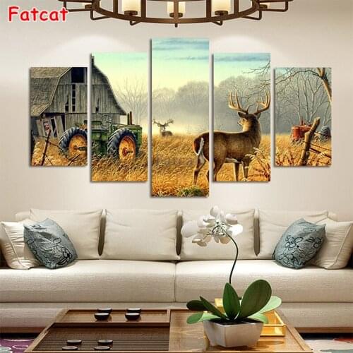 Diamond Embroidery Natural scenery, farm deer Picture Diamond Painting Full Square round drill Mosaic Cross Stitch Wall Art5 pcs