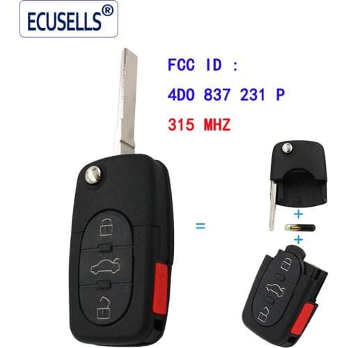 3+1 Buttons 315MHZ Flip Remote Key Fob 4 Buttons With ID48 Chip 4D0 837 231 P FOR AUDI