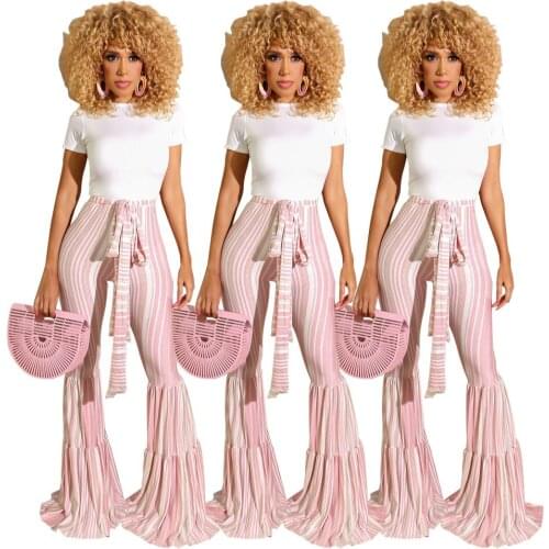 Trousers Ladies Pants Fashion New Stripe Printed Lace Zipper Folded Flared Pants Spring Summer Autumn