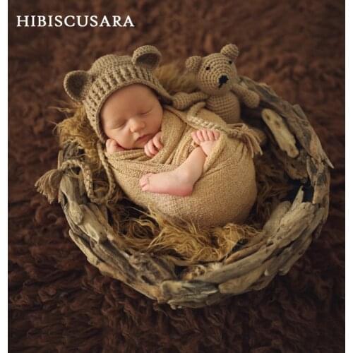 Newborn Baby Photo Props Accessories Bear Hat + Doll 2pcs Sets Infant Bebe Boy Girl Toy Bonnet Handmade