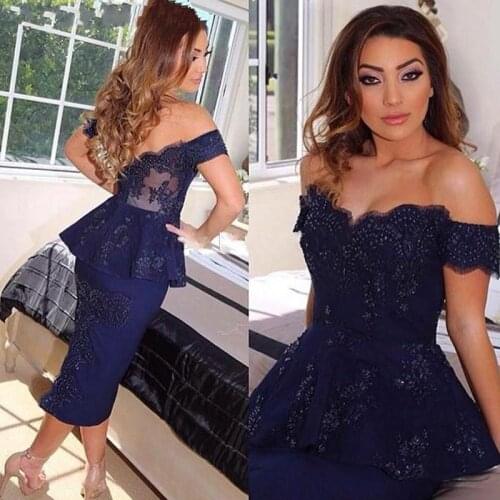Elegant Royal Blue Tea Length Mother of the Bride Dresses Lace Off Shoulder Sleeve Sweetheart Wedding Party Dresses Back Out