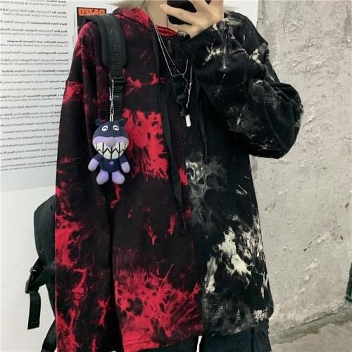 T-shirt Korean Harajuku style street retro dark black color matching tie-dye stitching loose hooded long sleeve men and women